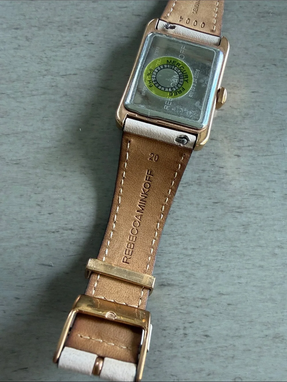 Rebecca Minkoff Gold-Tone Rectangular Watch with Pale Pink Leather Strap